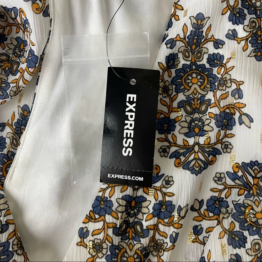 EXPRESS NWT PAISLEY PUFF SLEEVE FIT AND FLARE DRESS WHITE GOLD BLUE XS - Picture 6 of 9